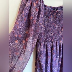Long sleeve, empire waist, midi, dress with purple floral print